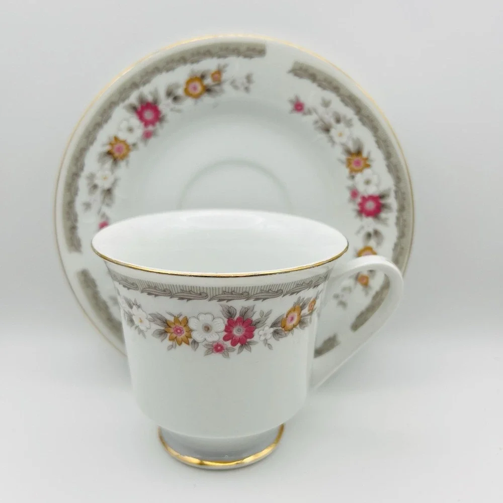 Vintage China Teacup Saucer Floral Gold Trim White Cottagecore Tea Party Set